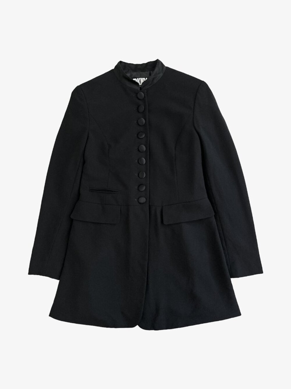 Vintage 90's Black Wool Silk Satin Trim Longline Blazer/Coat Dress by DKNY